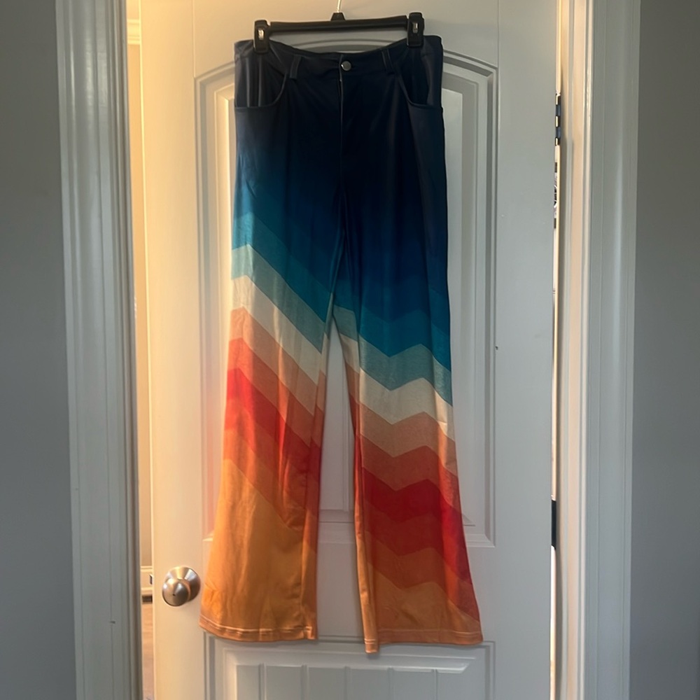 Women's Orange and Blue Stripes Print Casual Wide Leg Pants 
Multicolor S